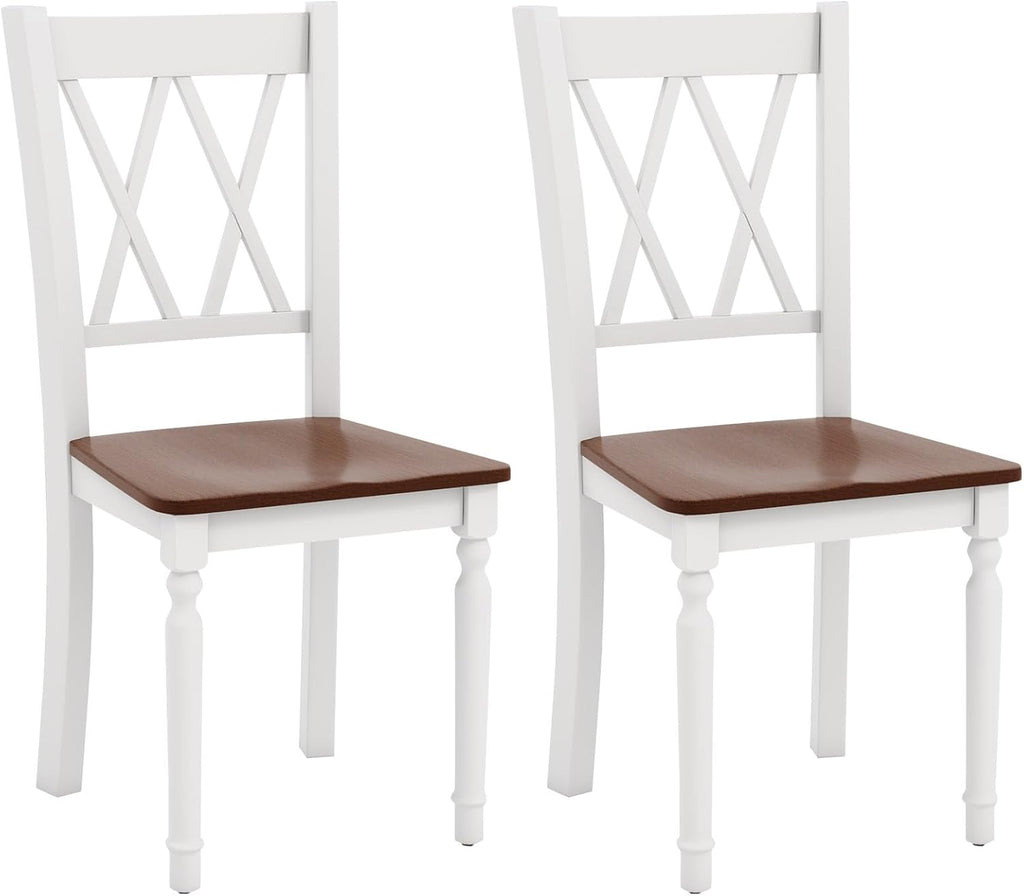 Giantex Dining Room Chairs Set of 2 White, Wooden Farmhouse Kitchen Chairs with Rubber Wood Seat, Acacia Wood Legs, Max Load 360 Lbs, Heavy Duty Wood Armless Dining Chairs with High Back