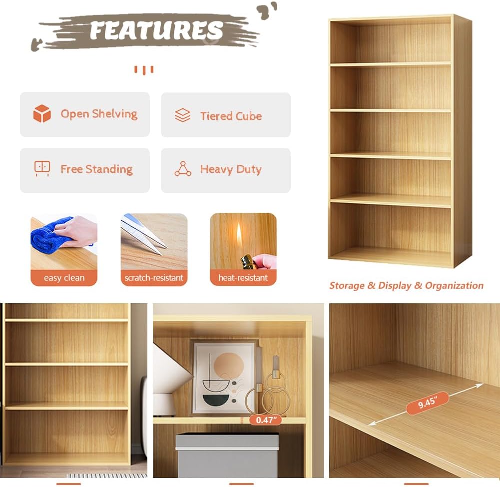 NELYE Basic Open Shelf Bookcase - 4-Tier Wooden Cube Storage Shelves Split Bookshelf, Oak