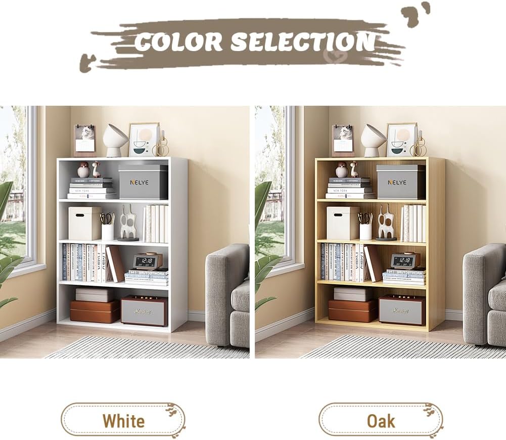 NELYE Basic Open Shelf Bookcase - 4-Tier Wooden Cube Storage Shelves Split Bookshelf, Oak