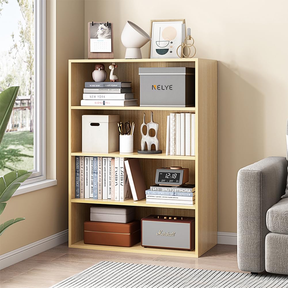 NELYE Basic Open Shelf Bookcase - 4-Tier Wooden Cube Storage Shelves Split Bookshelf, Oak