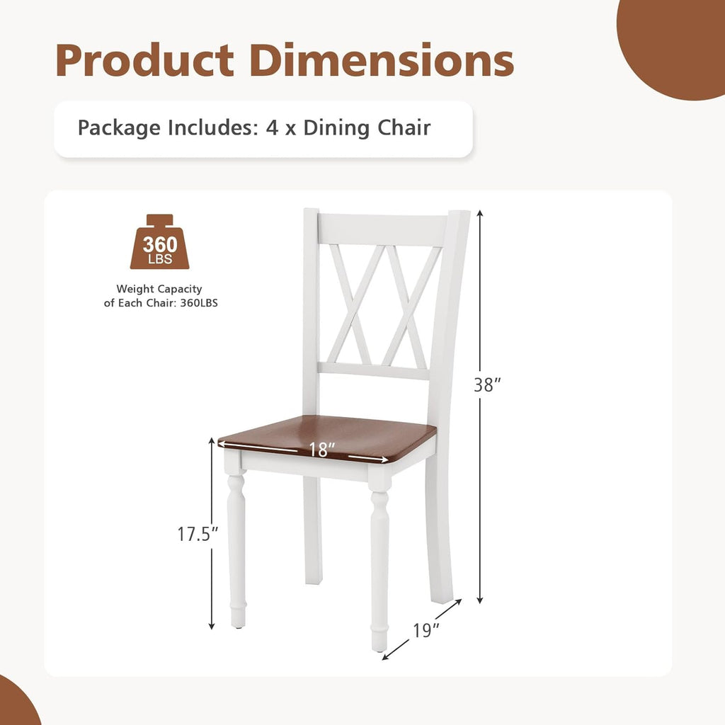 Giantex Dining Room Chairs Set of 2 White, Wooden Farmhouse Kitchen Chairs with Rubber Wood Seat, Acacia Wood Legs, Max Load 360 Lbs, Heavy Duty Wood Armless Dining Chairs with High Back