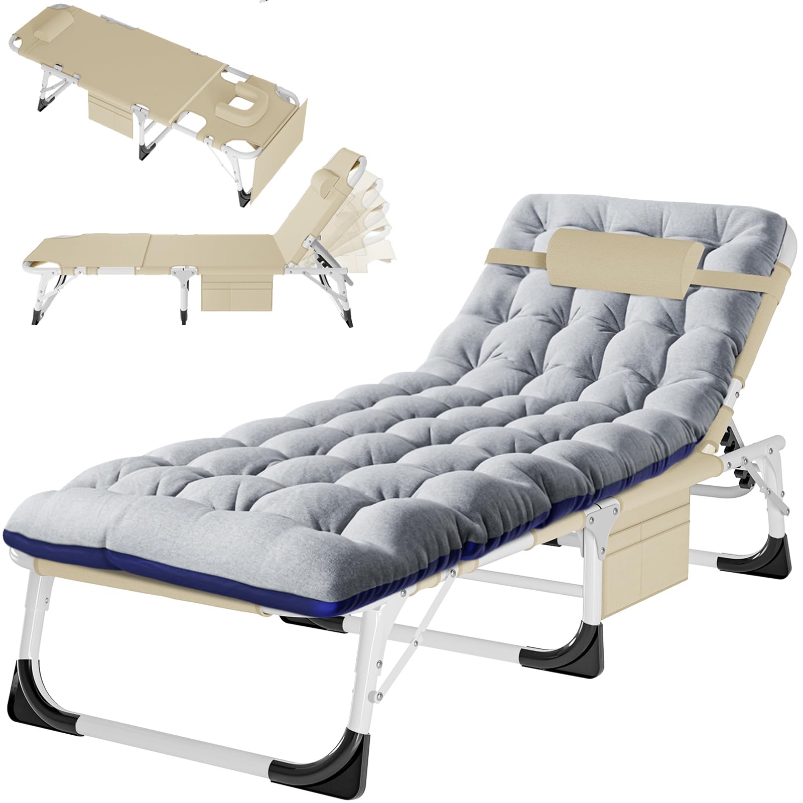 3-in-1 Padded Folding Lounge Chair, 440LB Adjustable Recliner Guest Bed for Patio Camping Office