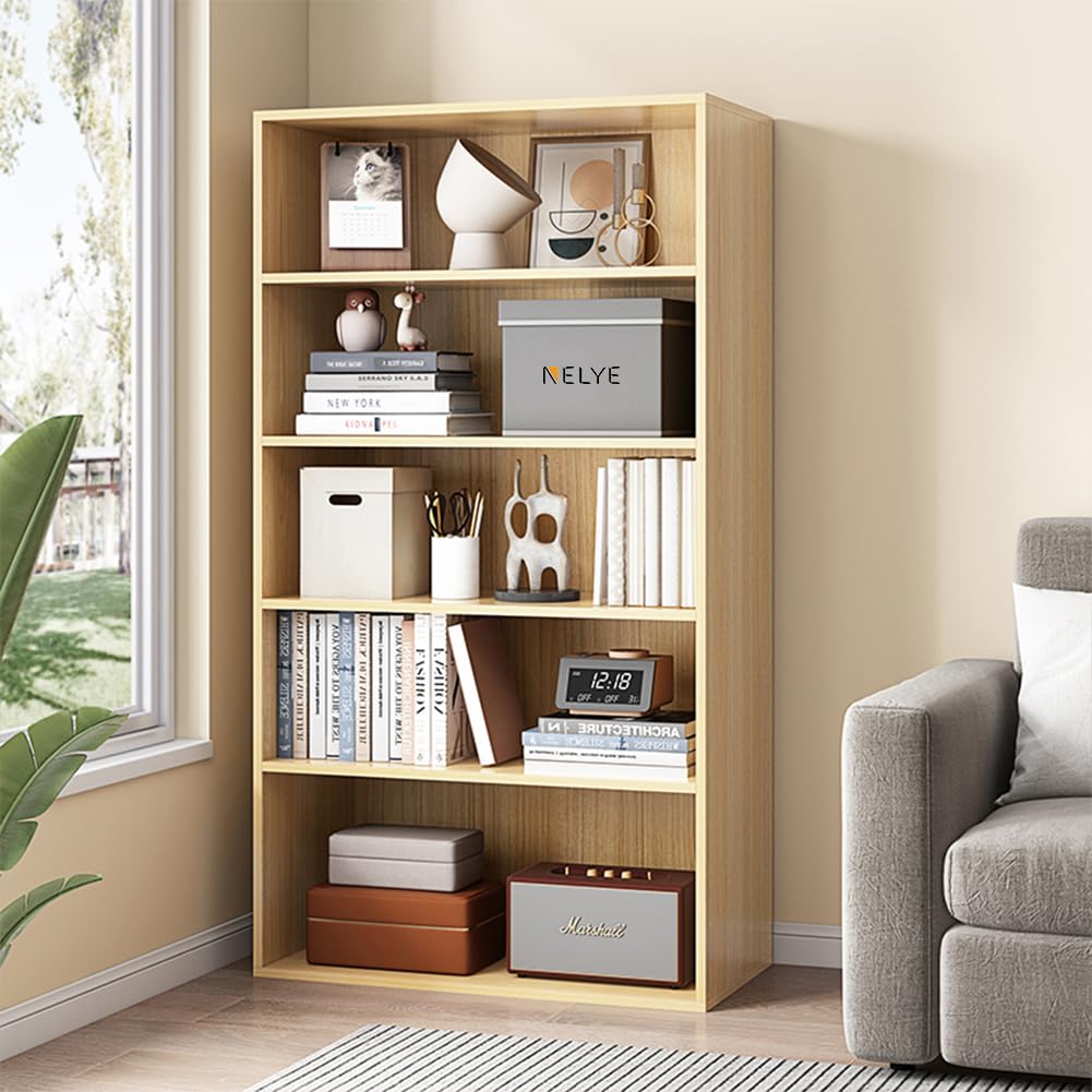 NELYE Basic Open Shelf Bookcase - 4-Tier Wooden Cube Storage Shelves Split Bookshelf, Oak