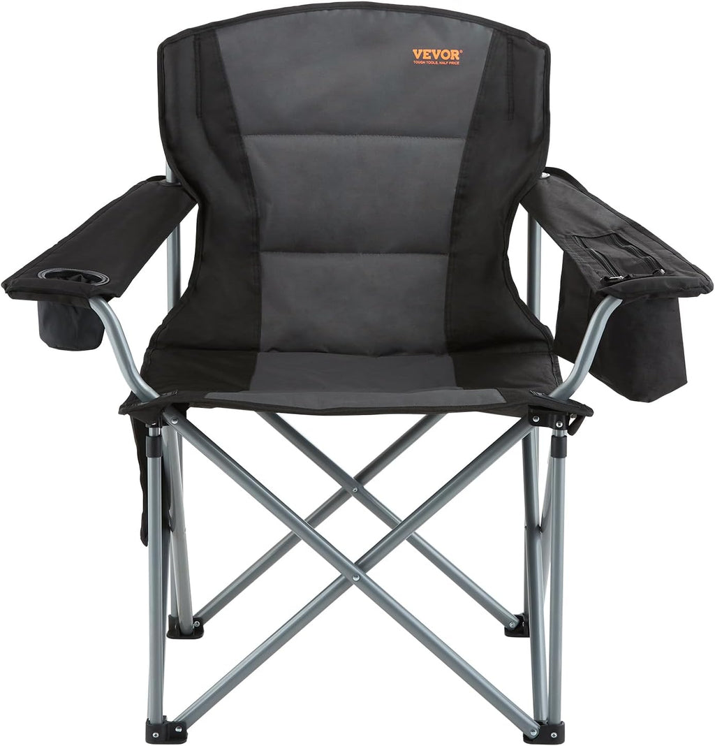 VEVOR Oversized Camping Folding Chair, Portable Heavy Duty Outdoor Quad Lumbar Back Padded with Side Pockets, Cup Holder and Cooler Bag for Beach, Lawn, Picnic, Fishing, Backpacking, Black