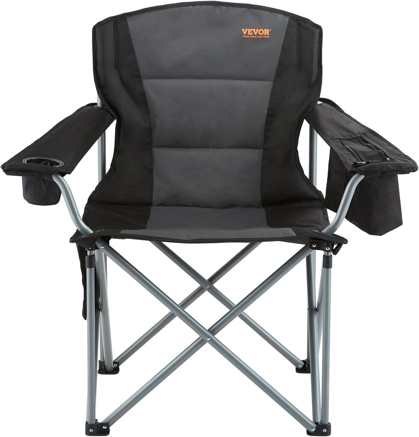 VEVOR Oversized Camping Folding Chair, Portable Heavy Duty Outdoor Quad Lumbar Back Padded with Side Pockets, Cup Holder and Cooler Bag for Beach, Lawn, Picnic, Fishing, Backpacking, Black