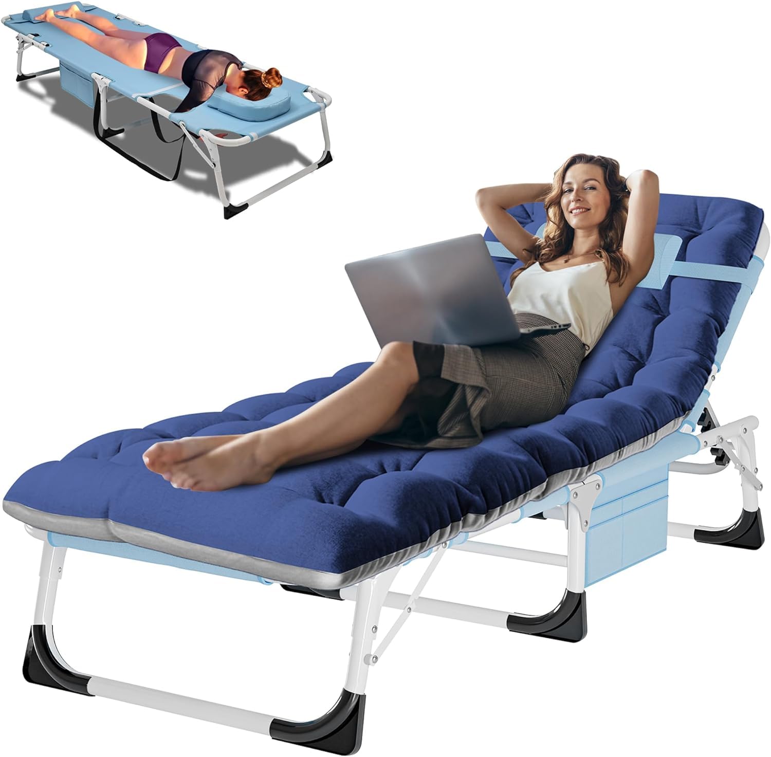 3-in-1 Padded Folding Lounge Chair, 440LB Adjustable Recliner Guest Bed for Patio Camping Office