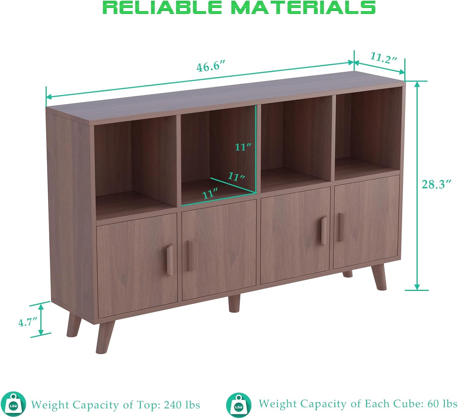 OSCHF Cubby Shelf Bookcase with Doors - Wooden 8 Cubes Floor Standing Open Bookshelf with Solid Wood Legs, 2-Tier Low Storage Cabinet, Walnut