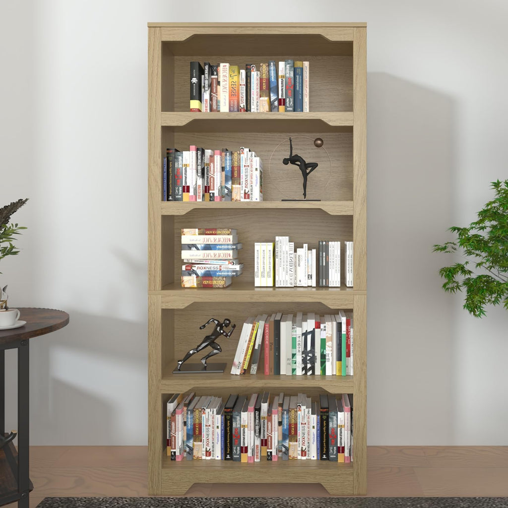 5-Tier Open Bookshelf, Modern Floor-Standing Wood Bookcase in White Oak Finish, Eco-Friendly Malacca Board Storage Display Shelves for Living Room and Home Office