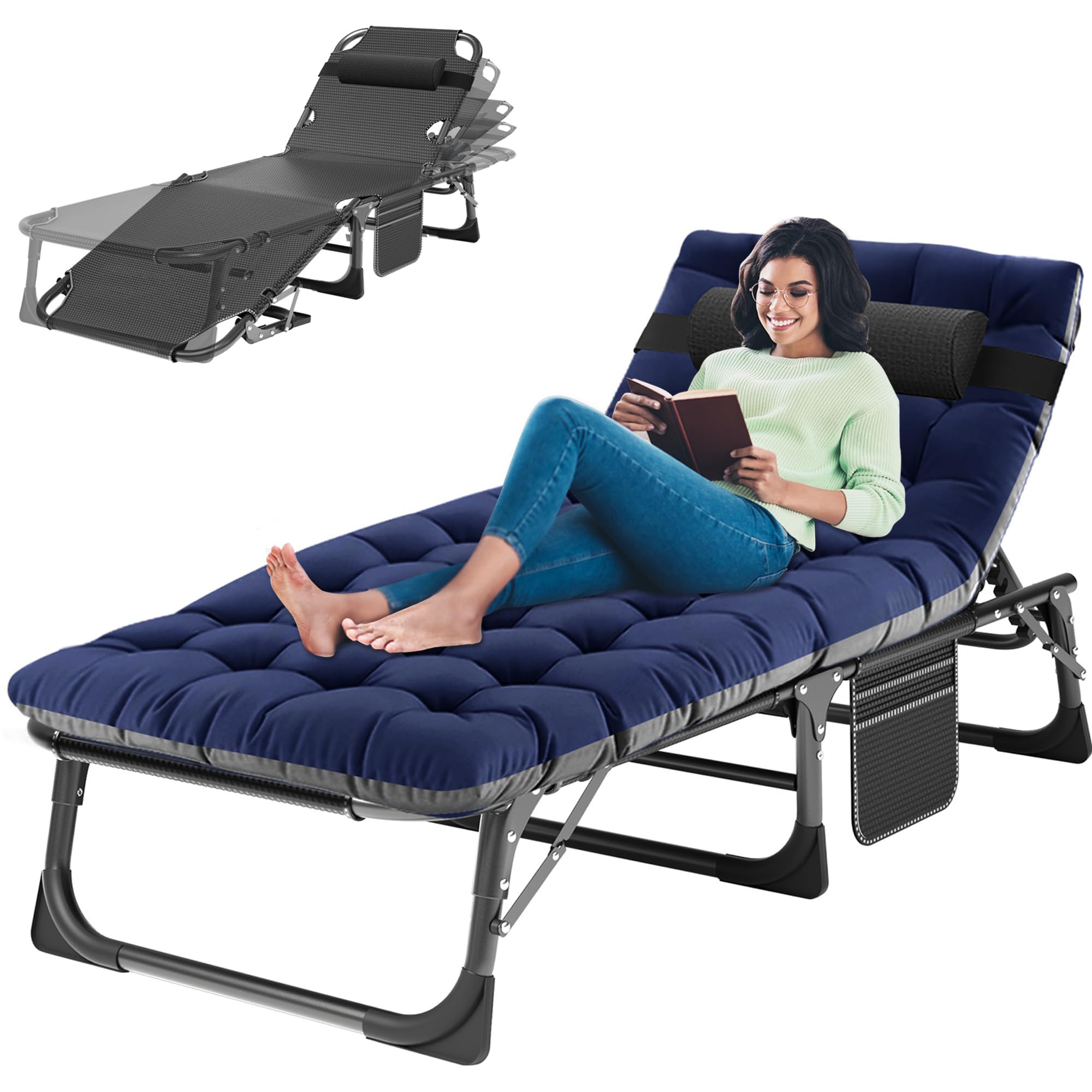 3-in-1 Padded Folding Lounge Chair, 440LB Adjustable Recliner Guest Bed for Patio Camping Office