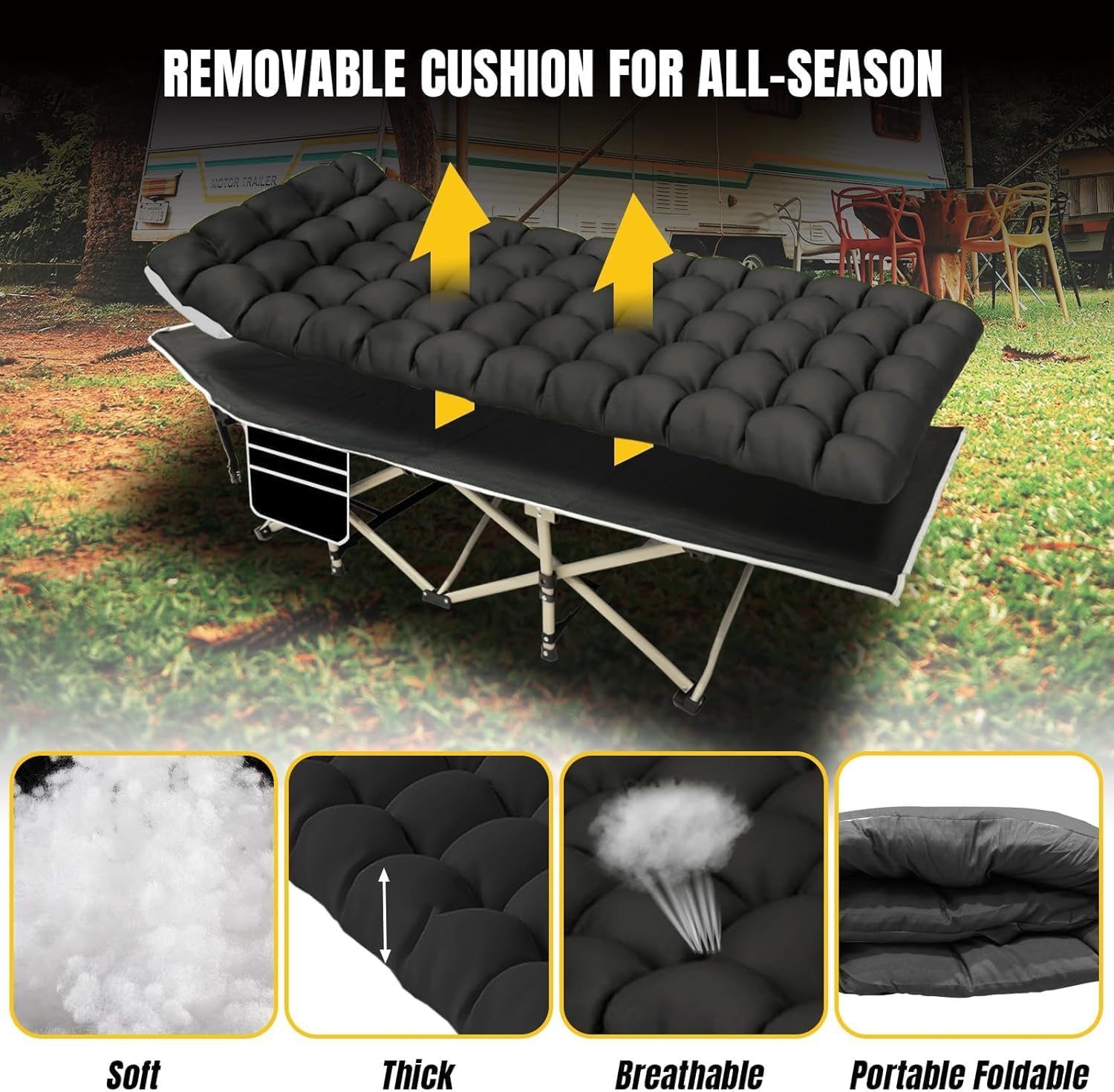YELLOW JACKET Camping Cot for Adults, Upgraded 32" Wide Portable Cot Bed with Mattress, Foldable Padded Sleeping Cots for Camping Travel Tent Day Bed Outdoor & Home Guest, Max Load 600lbs