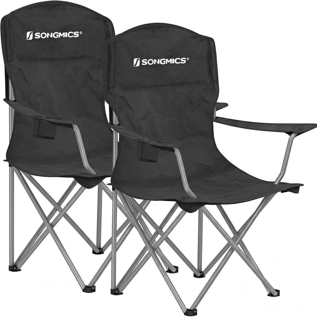 SONGMICS 2 Pack Folding Camping Chairs, 330 lb Capacity Folding Lawn Chairs, with Cup Holder, Heavy Duty Structure, for Garden, Fishing, Terrace, Black UGCB08BK