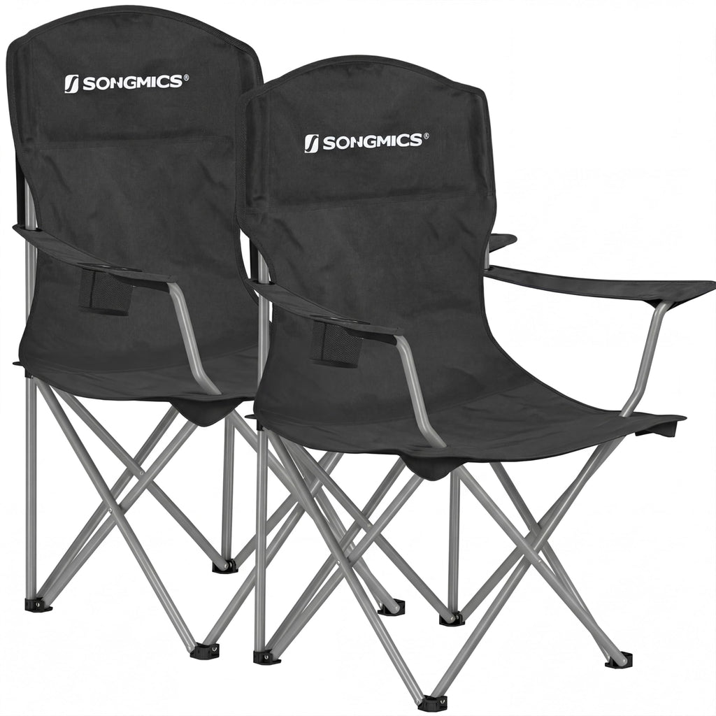 SONGMICS 2 Pack Folding Camping Chairs, 330 lb Capacity Folding Lawn Chairs, with Cup Holder, Heavy Duty Structure, for Garden, Fishing, Terrace, Black UGCB08BK