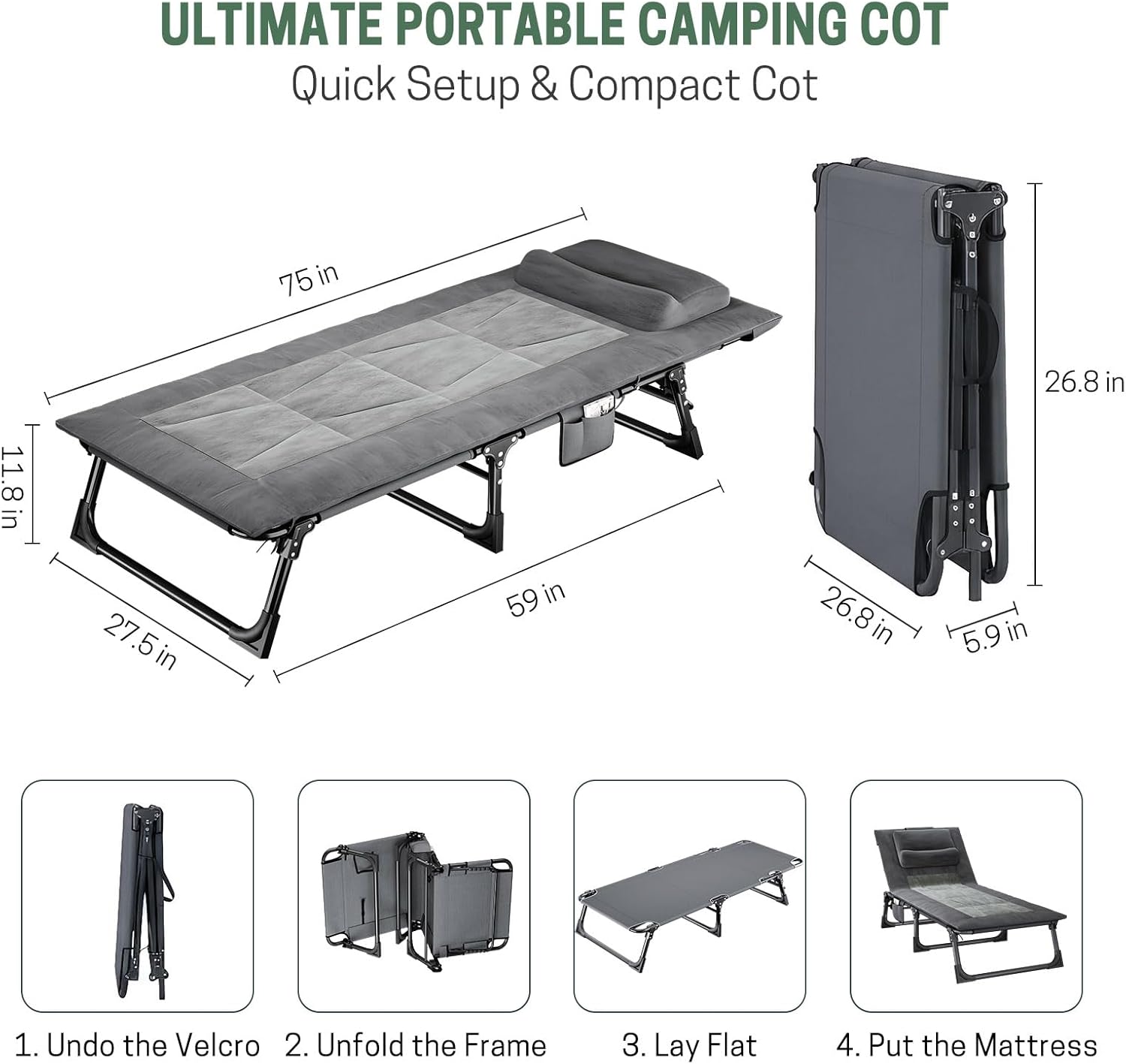 Mopaicot Folding Camping Cot for Adults, Adjustable 4-Position Reclining Chair with Mattress and Pillow, Lounge Chair Camp Cots Bed for Sleeping, Travel, Garden, Pool, or Office Nap (Gray)