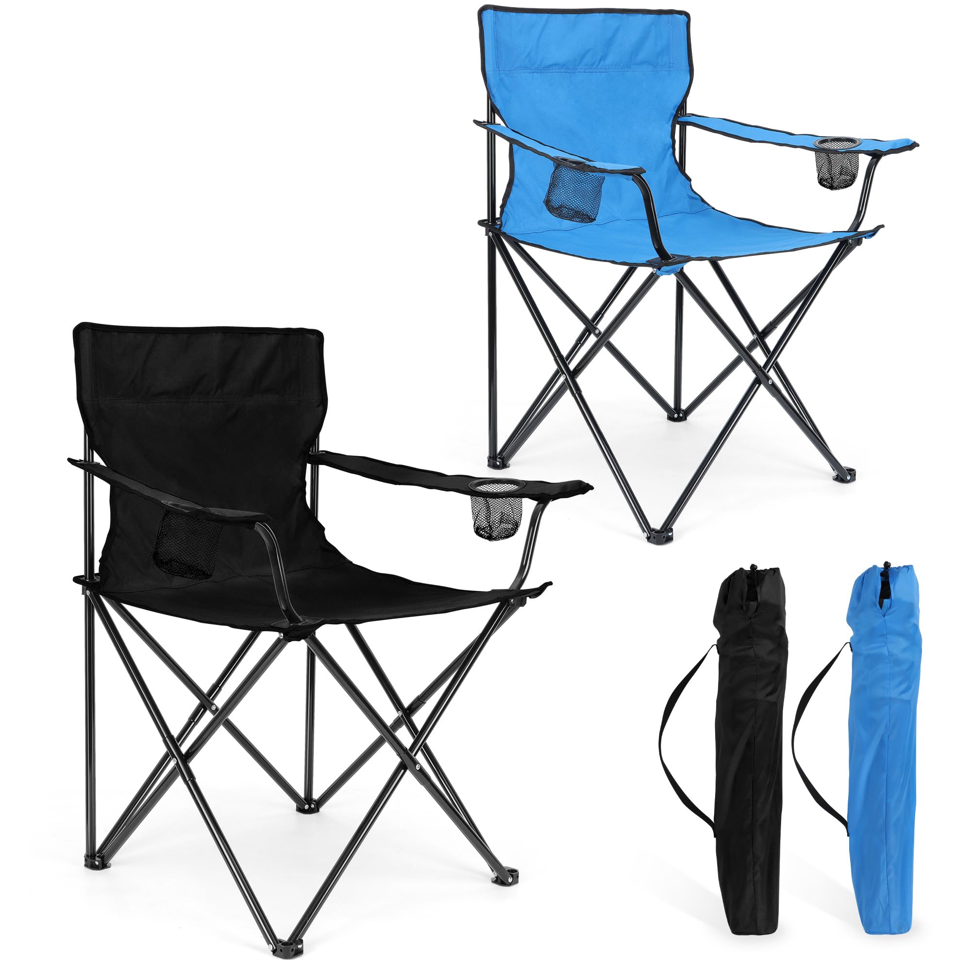 HaSteeL Foldable Camping Chair Set of 2, Folding Camp Chairs for Adults, Large Portable Lawn Chair for Outdoors Fishing, Hiking, Travel, Picnic, Beach, Supports 275lbs & Include Storage Bags (Black)