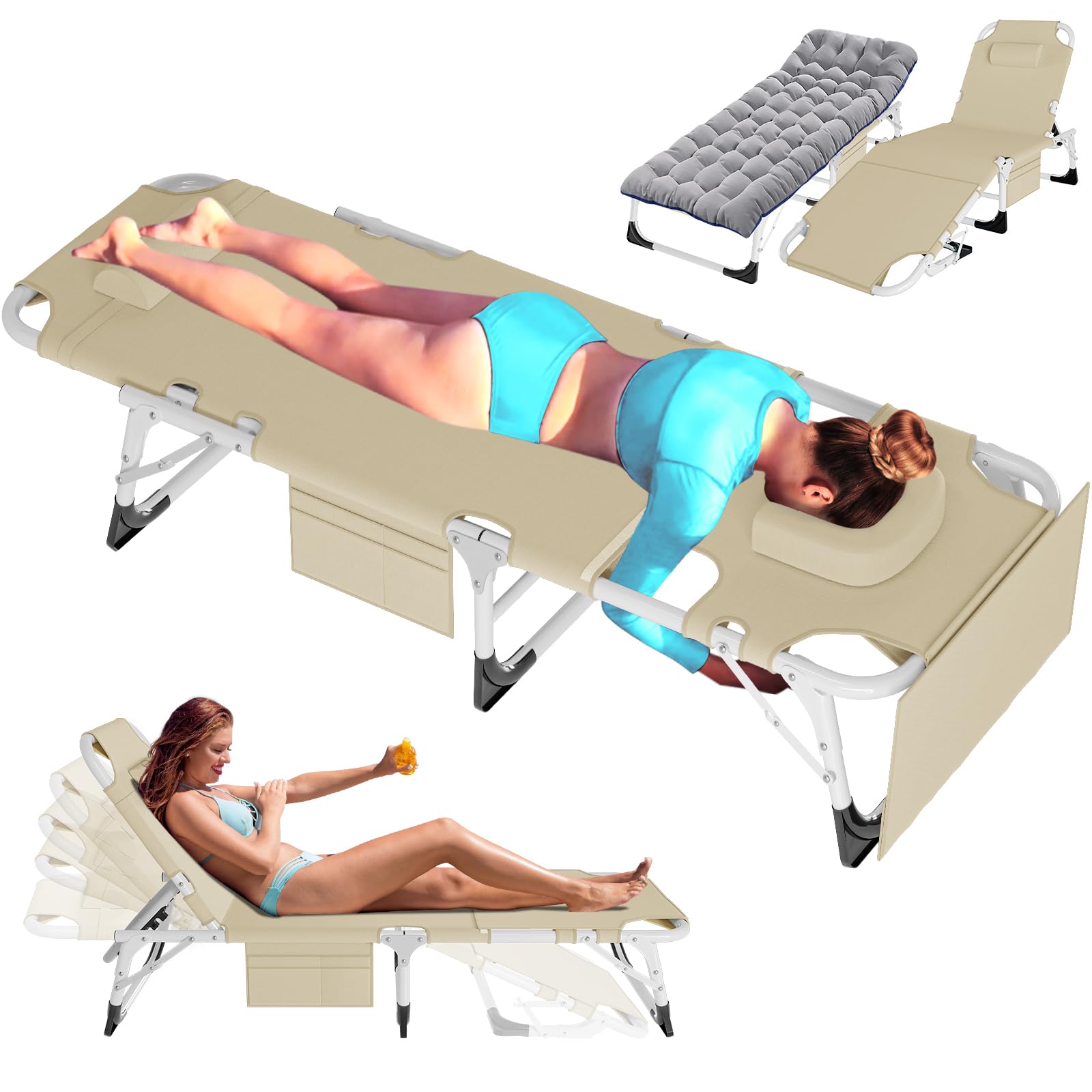 3-in-1 Padded Folding Lounge Chair, 440LB Adjustable Recliner Guest Bed for Patio Camping Office