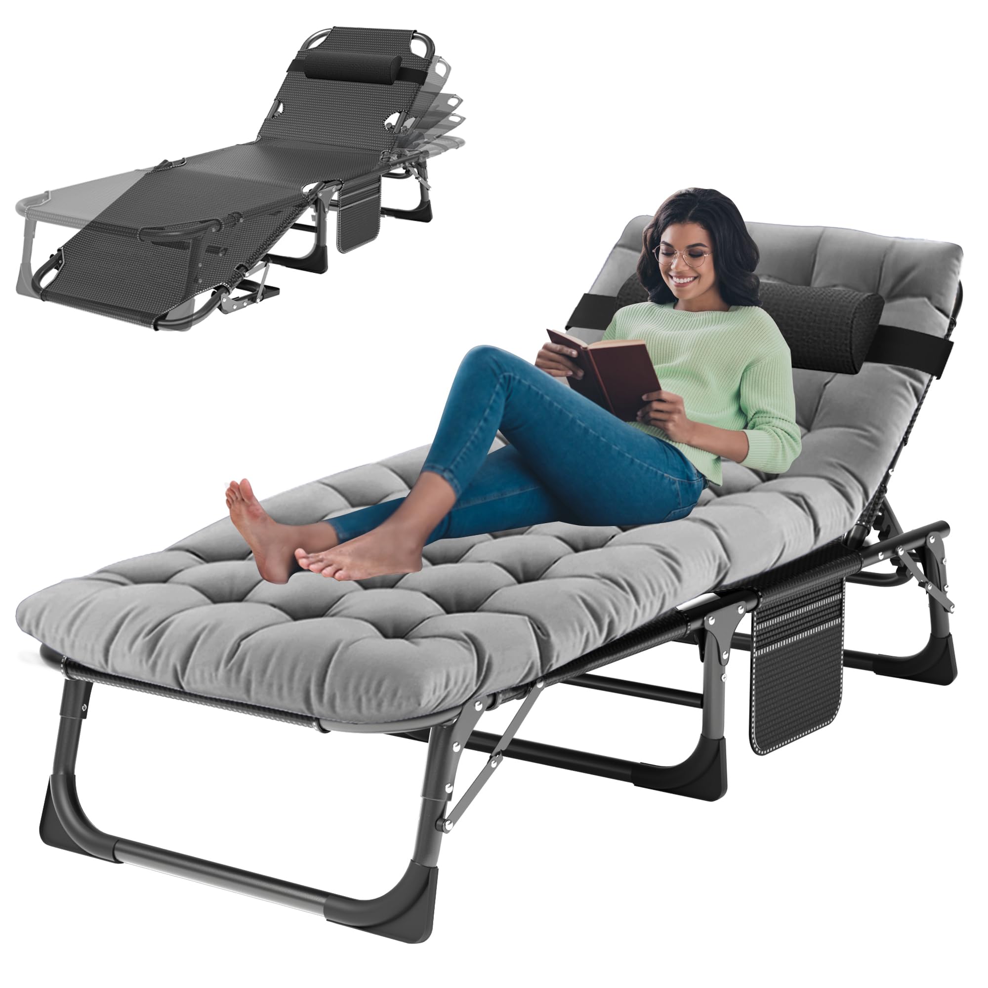 3-in-1 Padded Folding Lounge Chair, 440LB Adjustable Recliner Guest Bed for Patio Camping Office