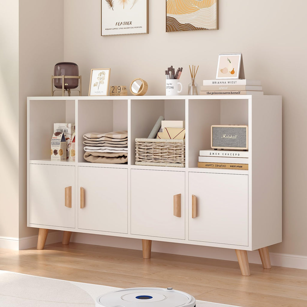 OSCHF Cubby Shelf Bookcase with Doors - Wooden 8 Cubes Floor Standing Open Bookshelf with Solid Wood Legs, 2-Tier Low Storage Cabinet, Walnut