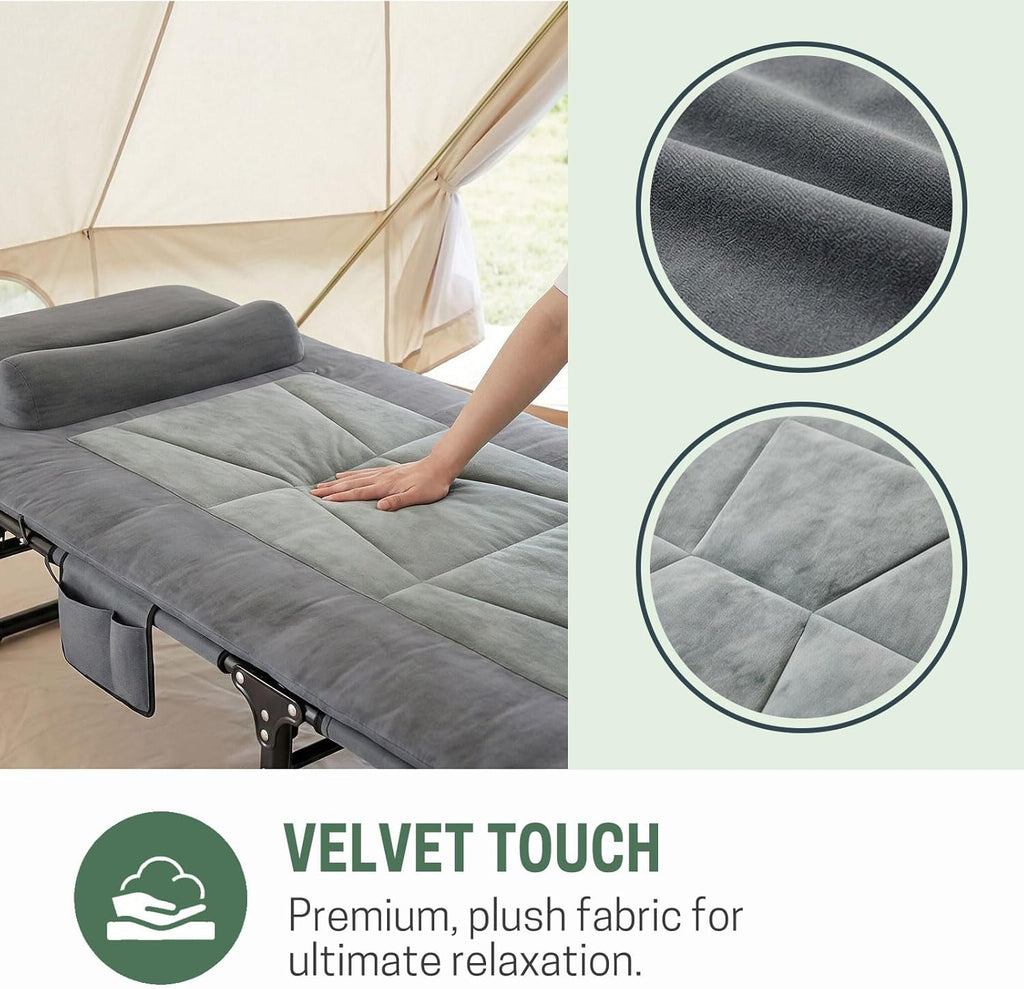 Mopaicot Folding Camping Cot for Adults, Adjustable 4-Position Reclining Chair with Mattress and Pillow, Lounge Chair Camp Cots Bed for Sleeping, Travel, Garden, Pool, or Office Nap (Gray)