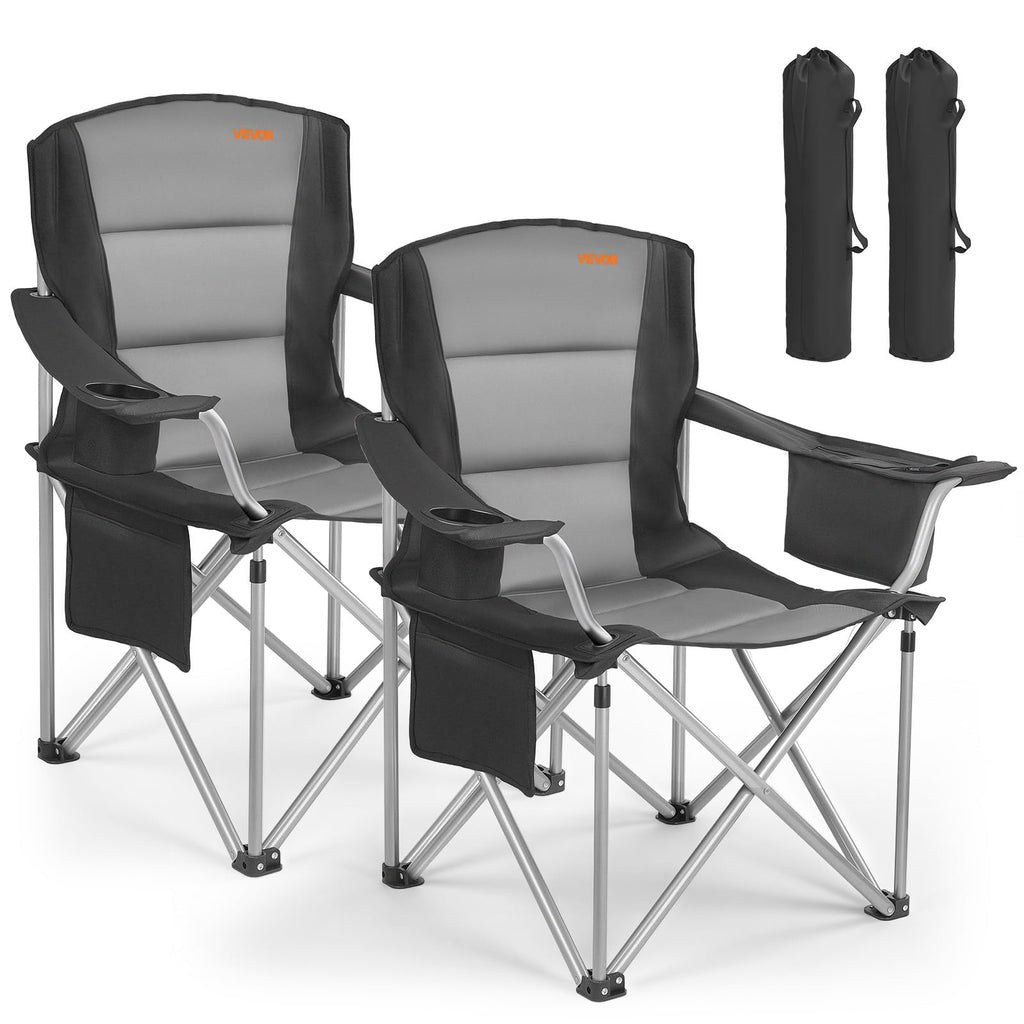 VEVOR Oversized Camping Folding Chair, Portable Heavy Duty Outdoor Quad Lumbar Back Padded with Side Pockets, Cup Holder and Cooler Bag for Beach, Lawn, Picnic, Fishing, Backpacking, Black