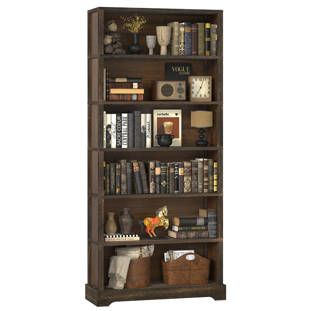 TVU 5-Tier Solid Wood Book Shelf, Floor Standing Bookcase, 65" H × 31.5" W × 11.8" D Bookshelf, Farmhouse Style Book Case with Arched Base, Suitable for Living Room, Study, Office, Walnut