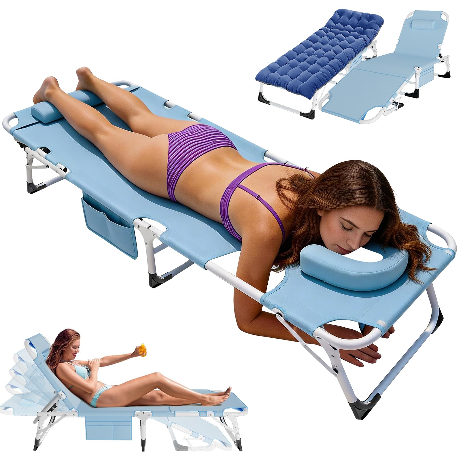 3-in-1 Padded Folding Lounge Chair, 440LB Adjustable Recliner Guest Bed for Patio Camping Office