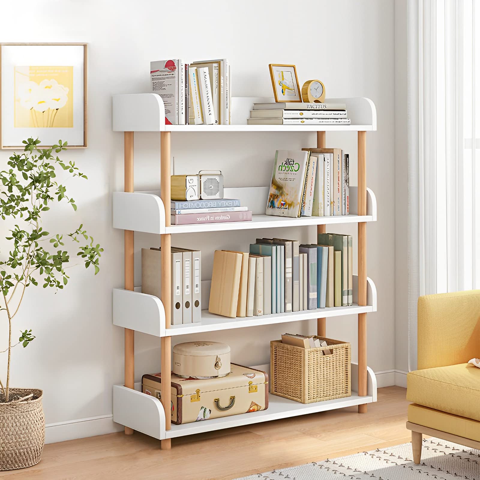 OSCHF 4-Tier Wooden Open Bookcase - Modern Display Bookshelf with Top Edge and Solid Wood Frame for Home and Office, Storage Cabinet, Oak