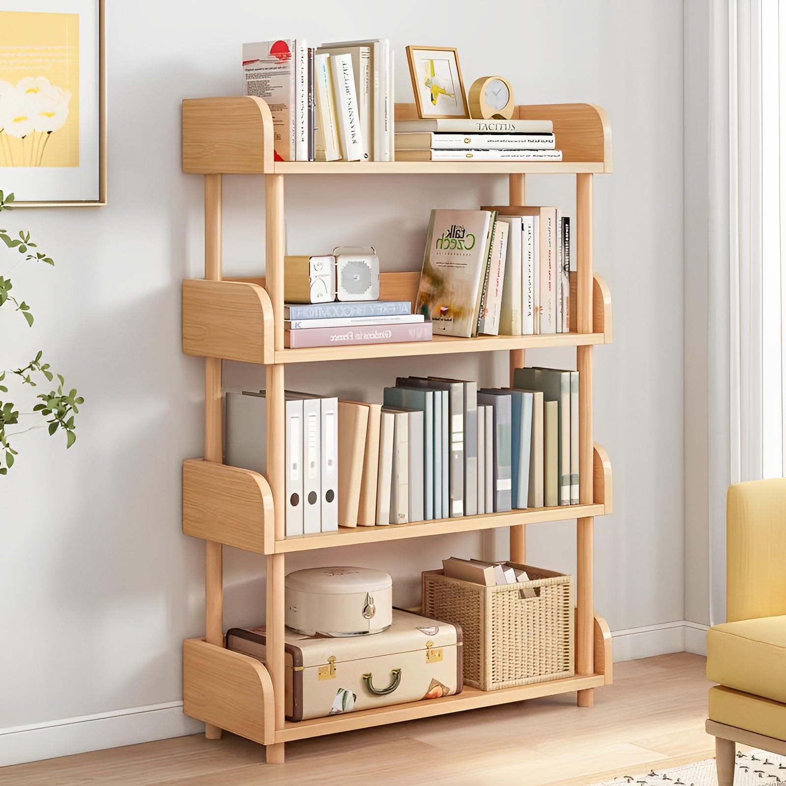 OSCHF 4-Tier Wooden Open Bookcase - Modern Display Bookshelf with Top Edge and Solid Wood Frame for Home and Office, Storage Cabinet, Oak