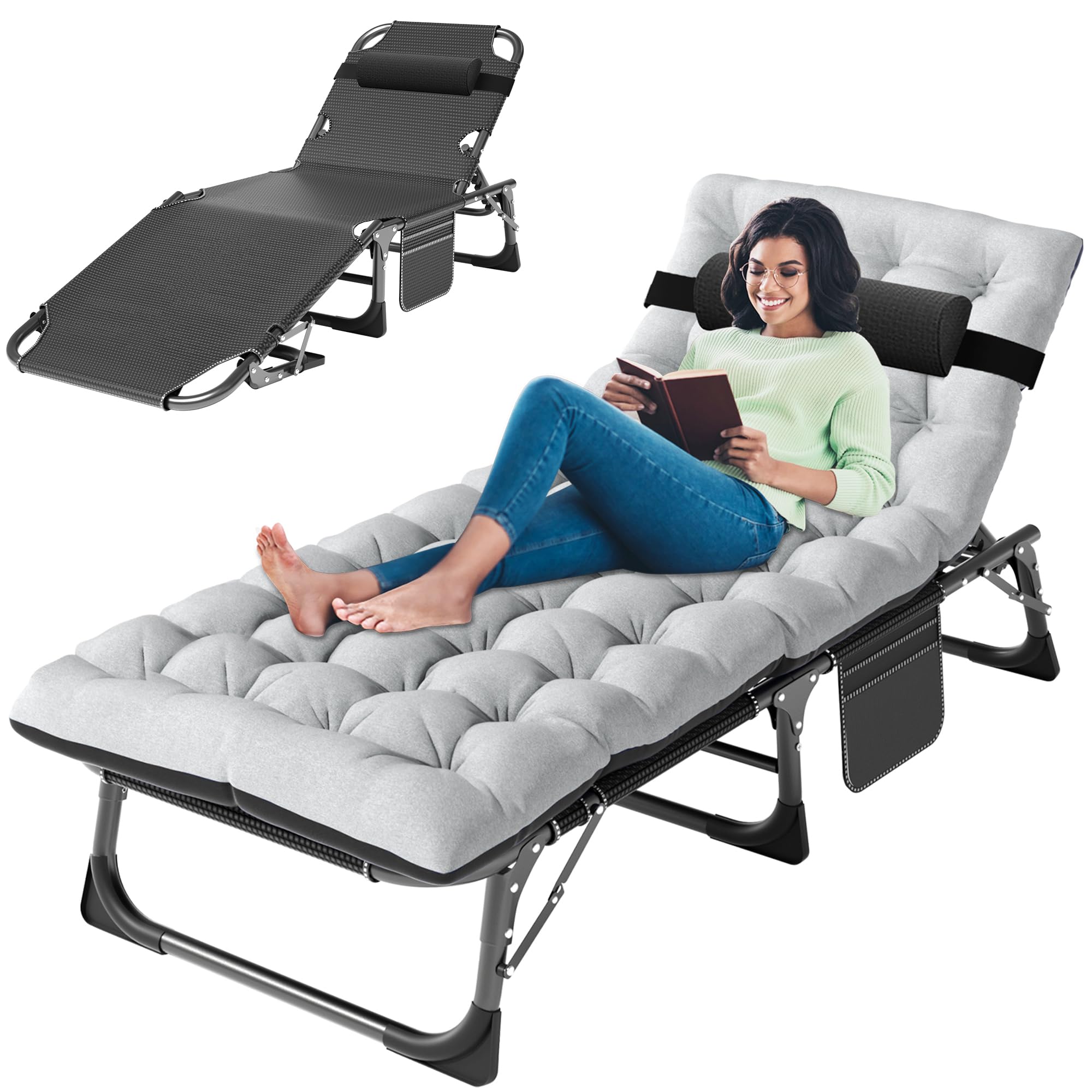 3-in-1 Padded Folding Lounge Chair, 440LB Adjustable Recliner Guest Bed for Patio Camping Office
