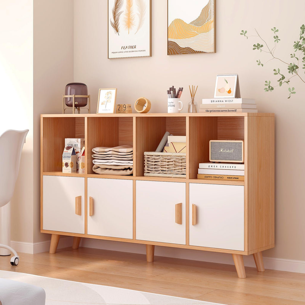OSCHF Cubby Shelf Bookcase with Doors - Wooden 8 Cubes Floor Standing Open Bookshelf with Solid Wood Legs, 2-Tier Low Storage Cabinet, Walnut
