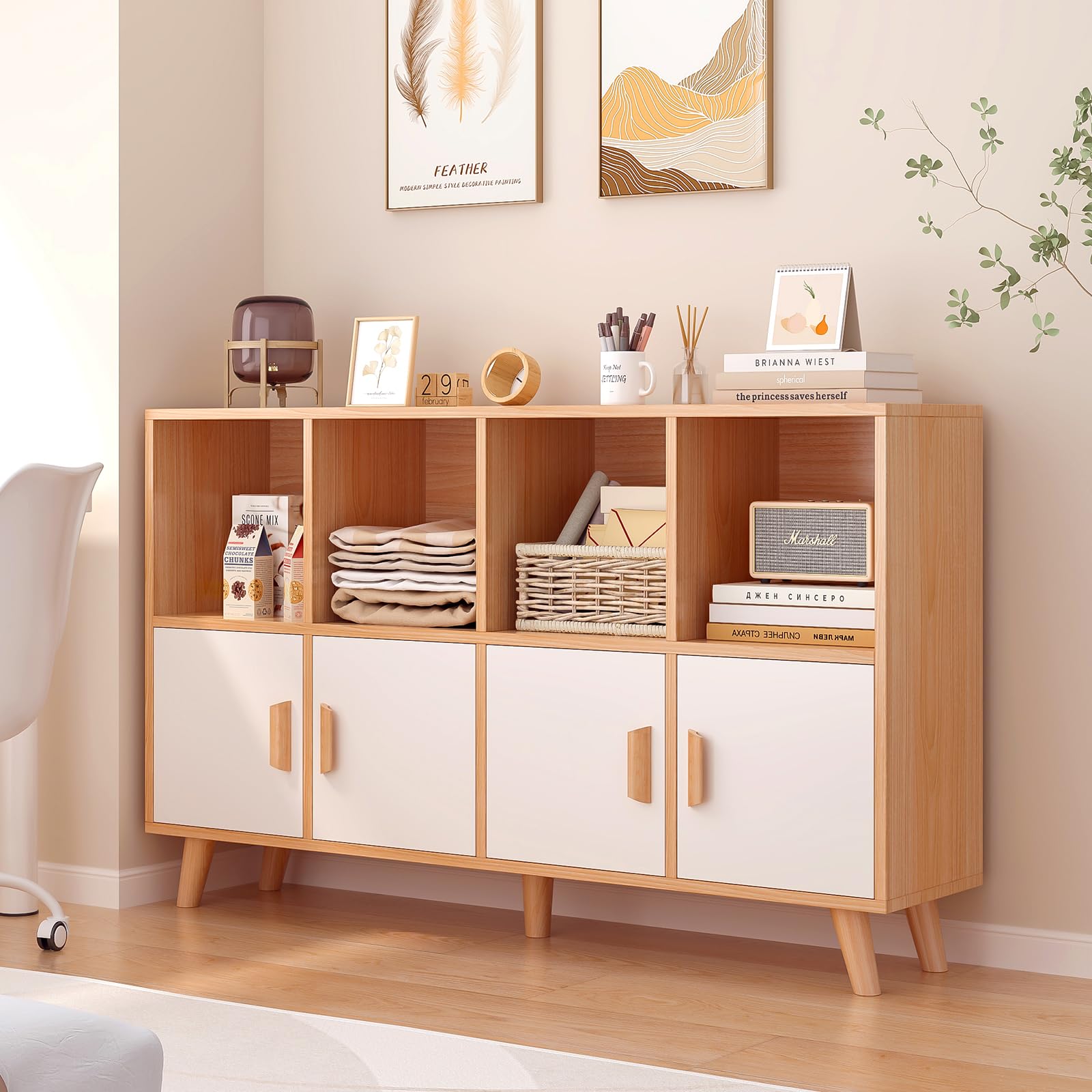 OSCHF Cubby Shelf Bookcase with Doors - Wooden 8 Cubes Floor Standing Open Bookshelf with Solid Wood Legs, 2-Tier Low Storage Cabinet, Walnut