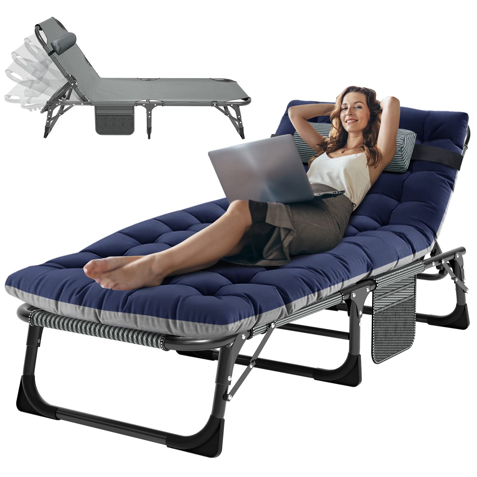 3-in-1 Padded Folding Lounge Chair, 440LB Adjustable Recliner Guest Bed for Patio Camping Office
