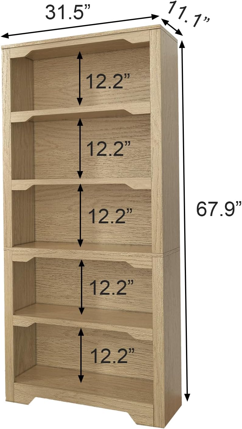 5-Tier Open Bookshelf, Modern Floor-Standing Wood Bookcase in White Oak Finish, Eco-Friendly Malacca Board Storage Display Shelves for Living Room and Home Office