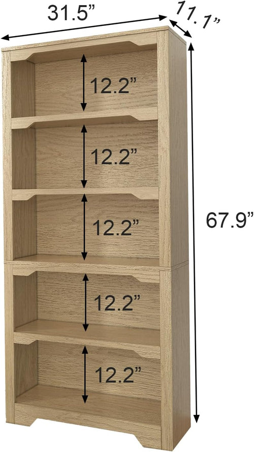 5-Tier Open Bookshelf, Modern Floor-Standing Wood Bookcase in White Oak Finish, Eco-Friendly Malacca Board Storage Display Shelves for Living Room and Home Office