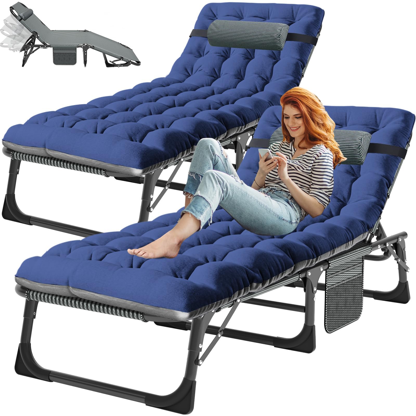 3-in-1 Padded Folding Lounge Chair, 440LB Adjustable Recliner Guest Bed for Patio Camping Office
