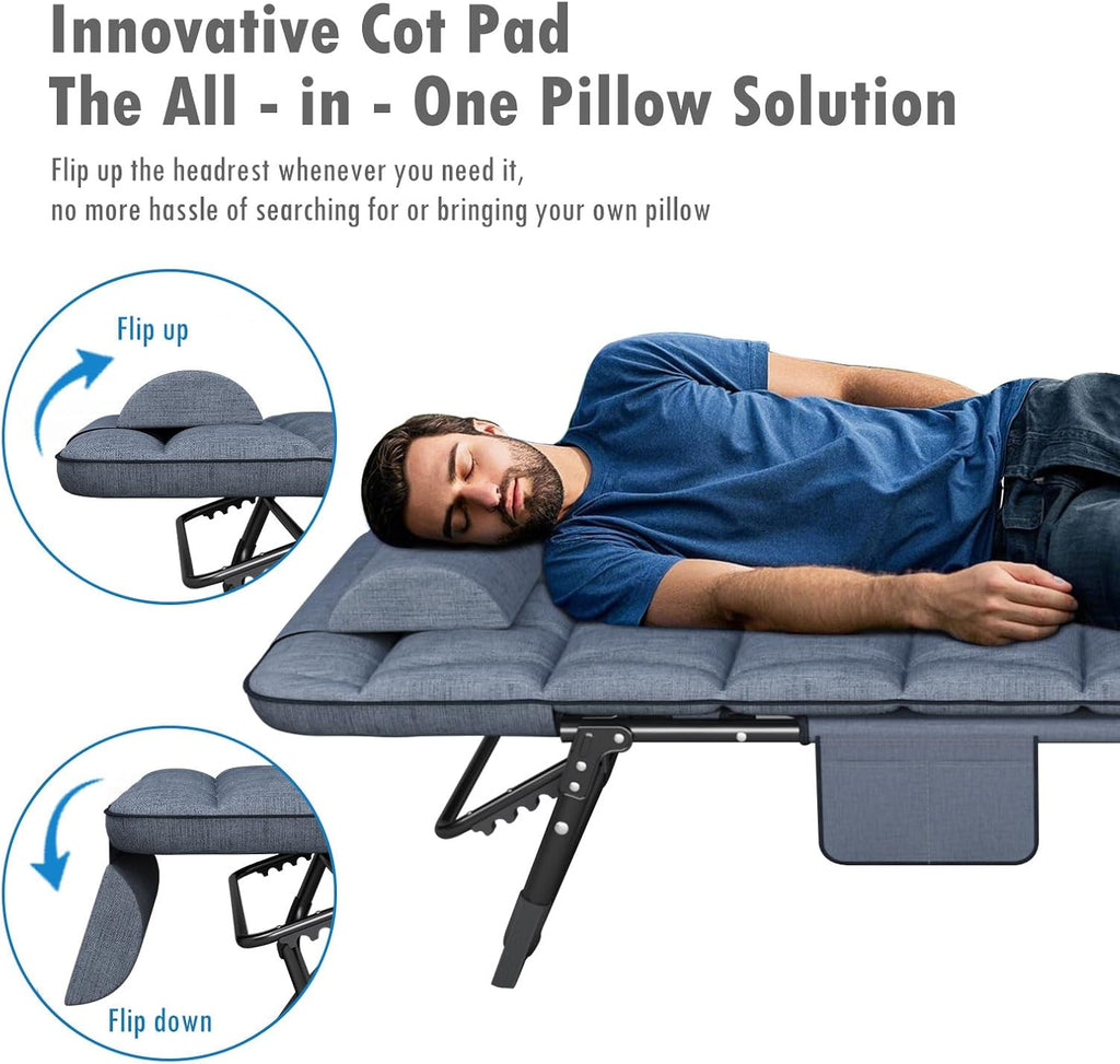 ATORPOK Folding Camping Cot for Adults with Padded Mattress and Pillow, Adjustable Reclining Lounger Sleeping Cot Bed, Ideal for Camping, Travel, Garden, or Office Use, Blue