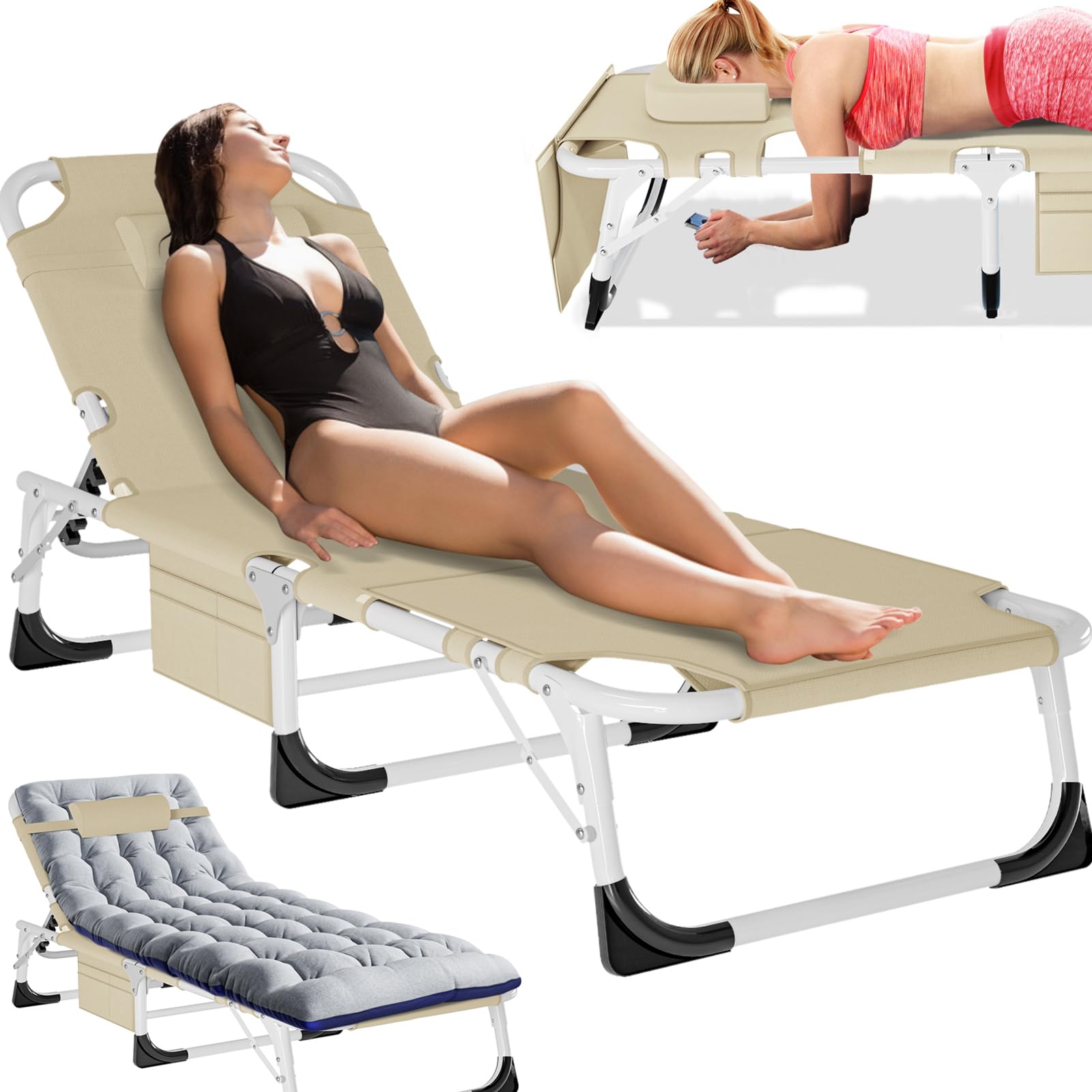 5-Position Folding Chaise Lounge Chair, Portable Outdoor Recliner for Beach Pool Patio