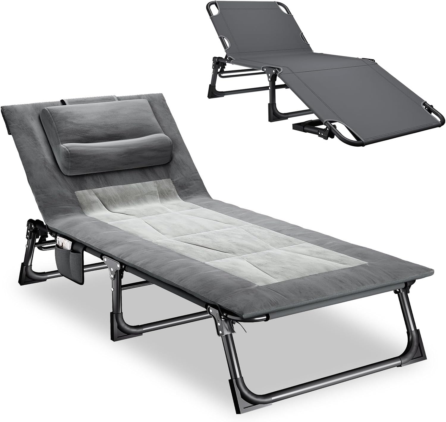 Mopaicot Folding Camping Cot for Adults, Adjustable 4-Position Reclining Chair with Mattress and Pillow, Lounge Chair Camp Cots Bed for Sleeping, Travel, Garden, Pool, or Office Nap (Gray)