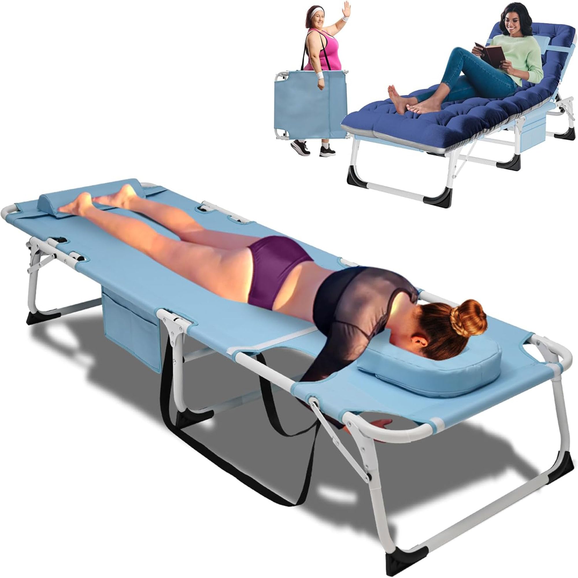 3-in-1 Padded Folding Lounge Chair, 440LB Adjustable Recliner Guest Bed for Patio Camping Office