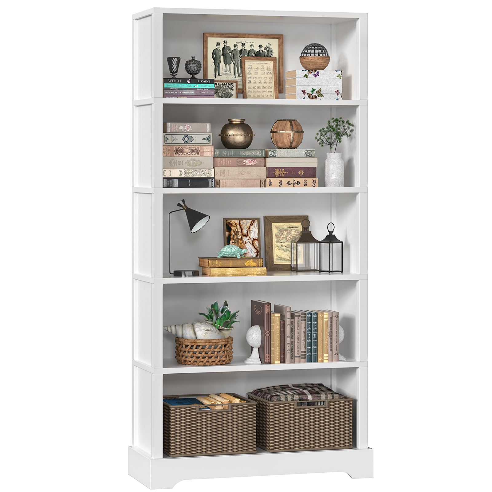 TVU 5-Tier Solid Wood Book Shelf, Floor Standing Bookcase, 65" H × 31.5" W × 11.8" D Bookshelf, Farmhouse Style Book Case with Arched Base, Suitable for Living Room, Study, Office, Walnut