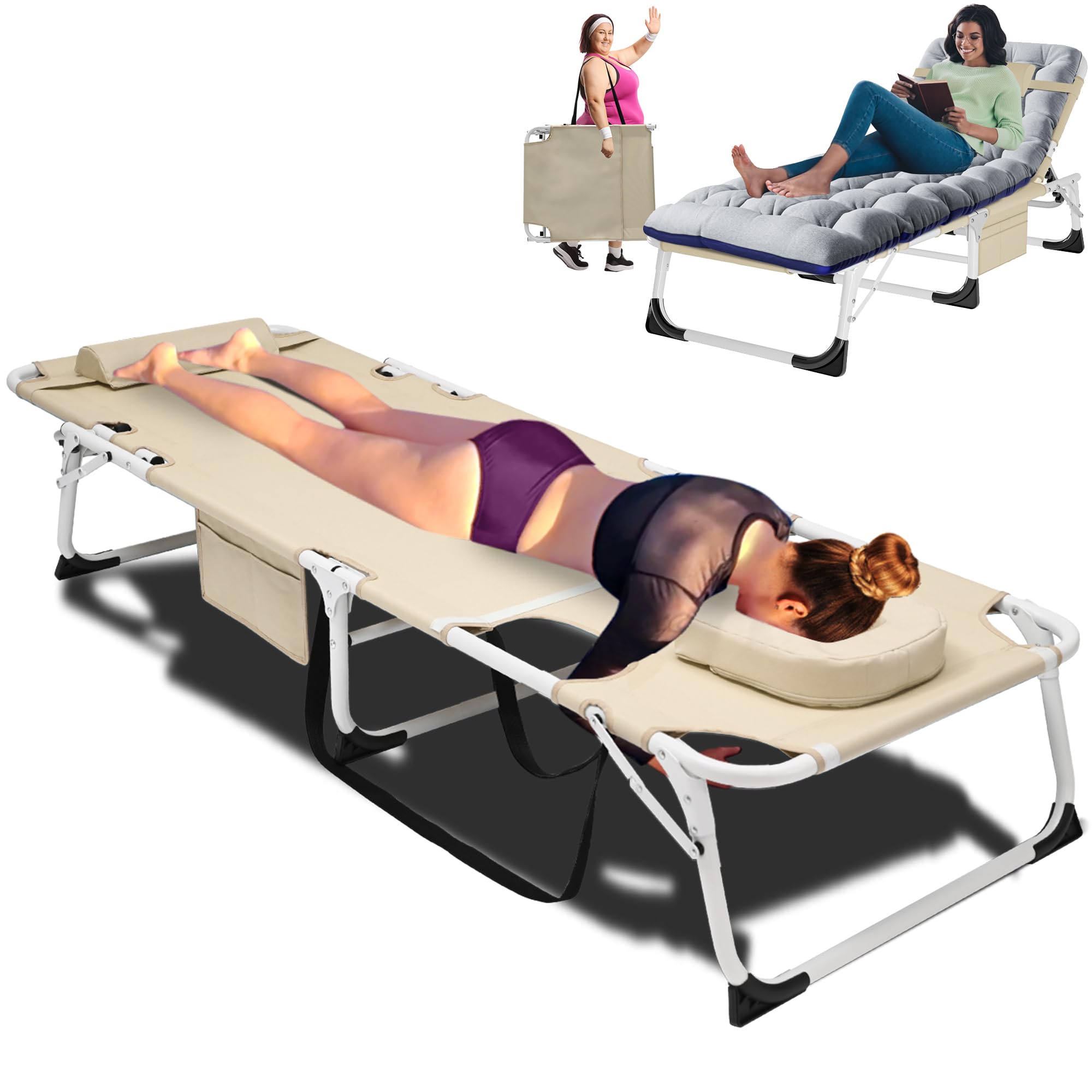 3-in-1 Padded Folding Lounge Chair, 440LB Adjustable Recliner Guest Bed for Patio Camping Office