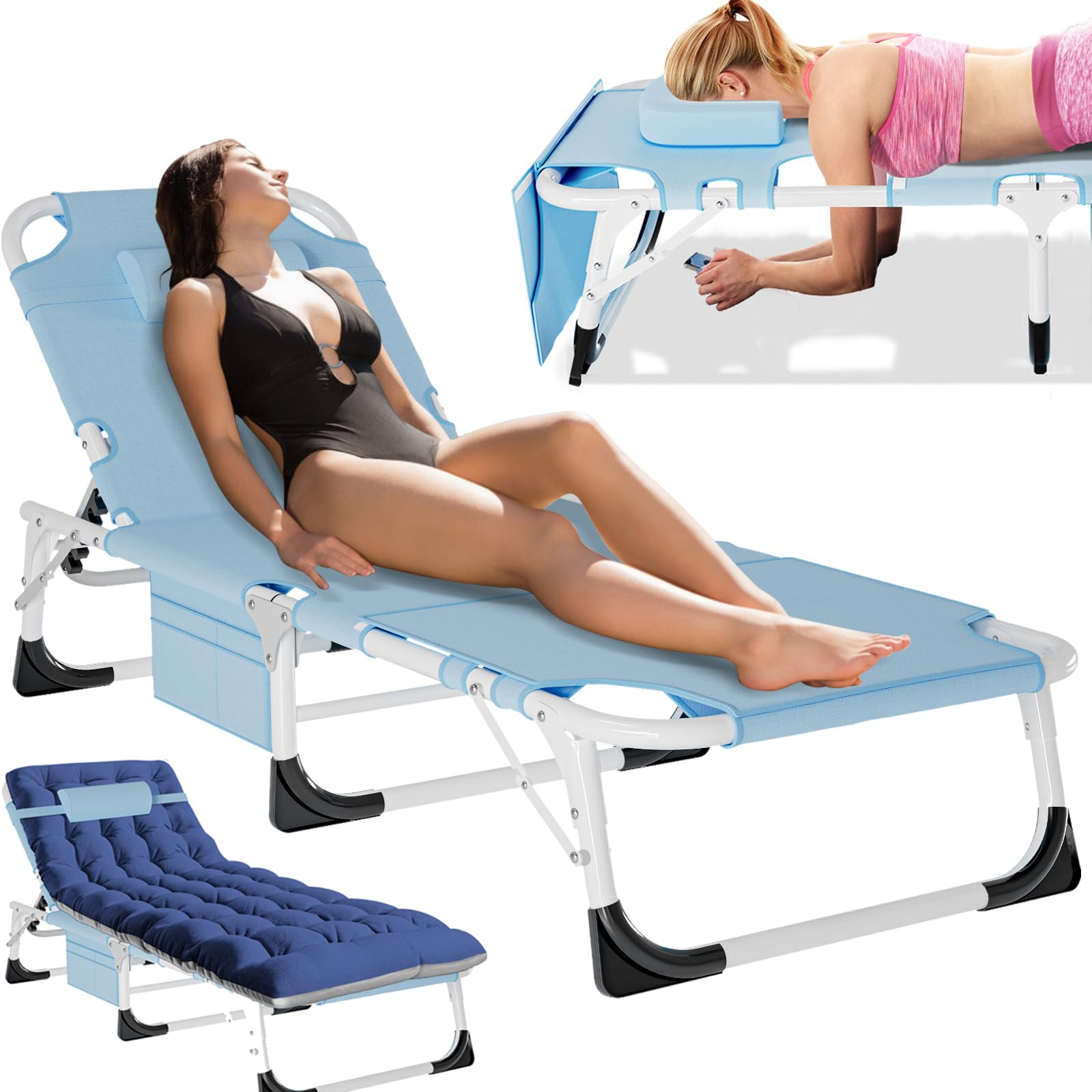 5-Position Folding Chaise Lounge Chair, Portable Outdoor Recliner for Beach Pool Patio