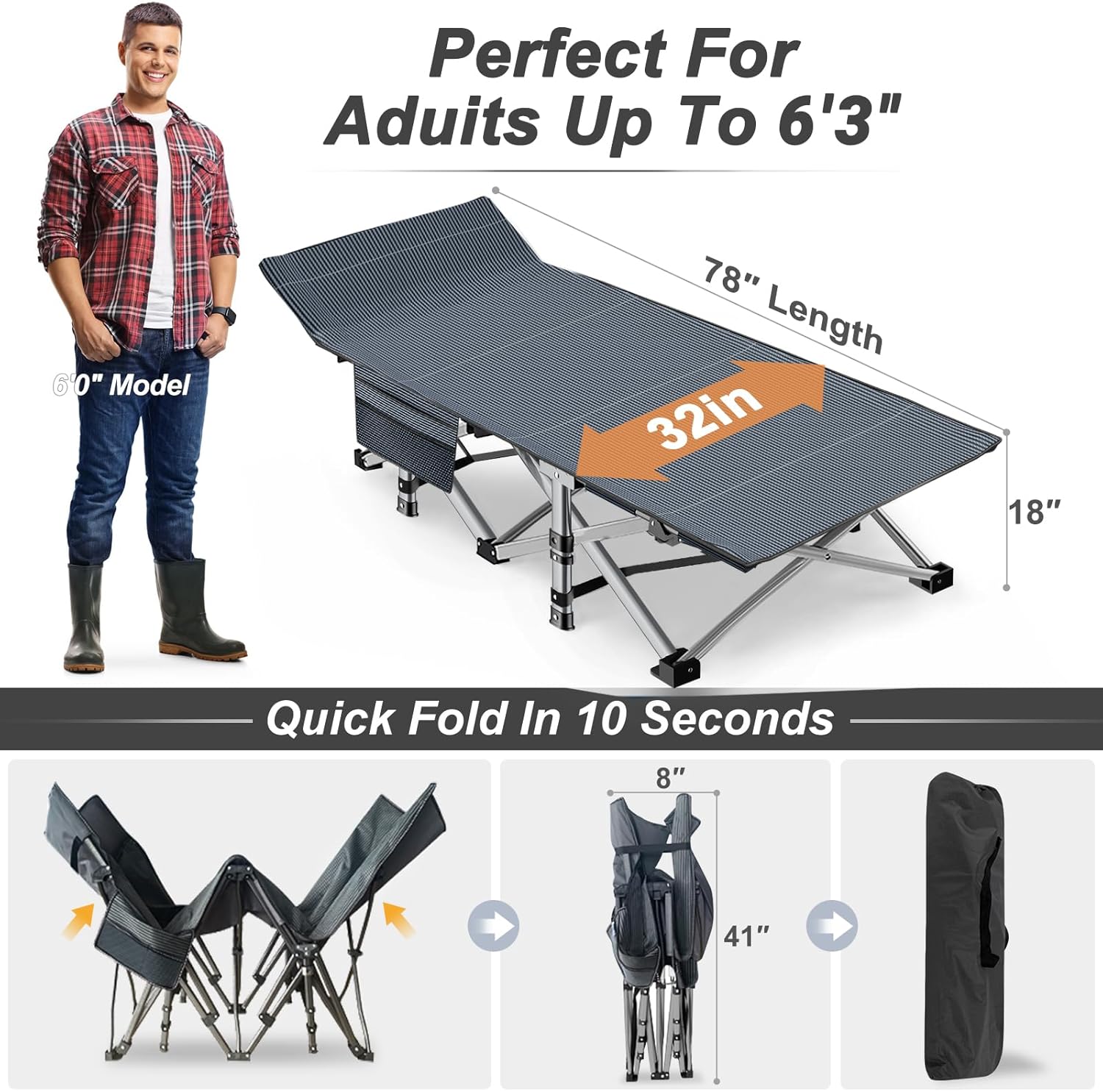 ABORON XXL Camping Cot for Adults, Oversized 78"×32" Folding Camping Bed, 900LBS Heavy Duty Outdoor Sleeping Cot with Mattress Pad, 1200D Oxford, Portable with Carry Bag