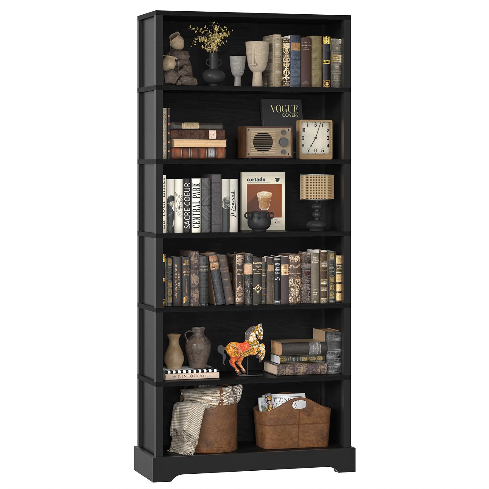 TVU 5-Tier Solid Wood Book Shelf, Floor Standing Bookcase, 65" H × 31.5" W × 11.8" D Bookshelf, Farmhouse Style Book Case with Arched Base, Suitable for Living Room, Study, Office, Walnut