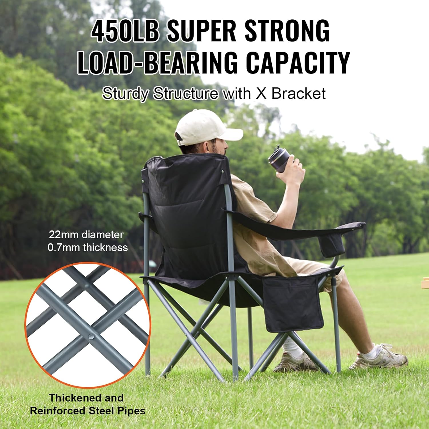 VEVOR Oversized Camping Folding Chair, Portable Heavy Duty Outdoor Quad Lumbar Back Padded with Side Pockets, Cup Holder and Cooler Bag for Beach, Lawn, Picnic, Fishing, Backpacking, Black