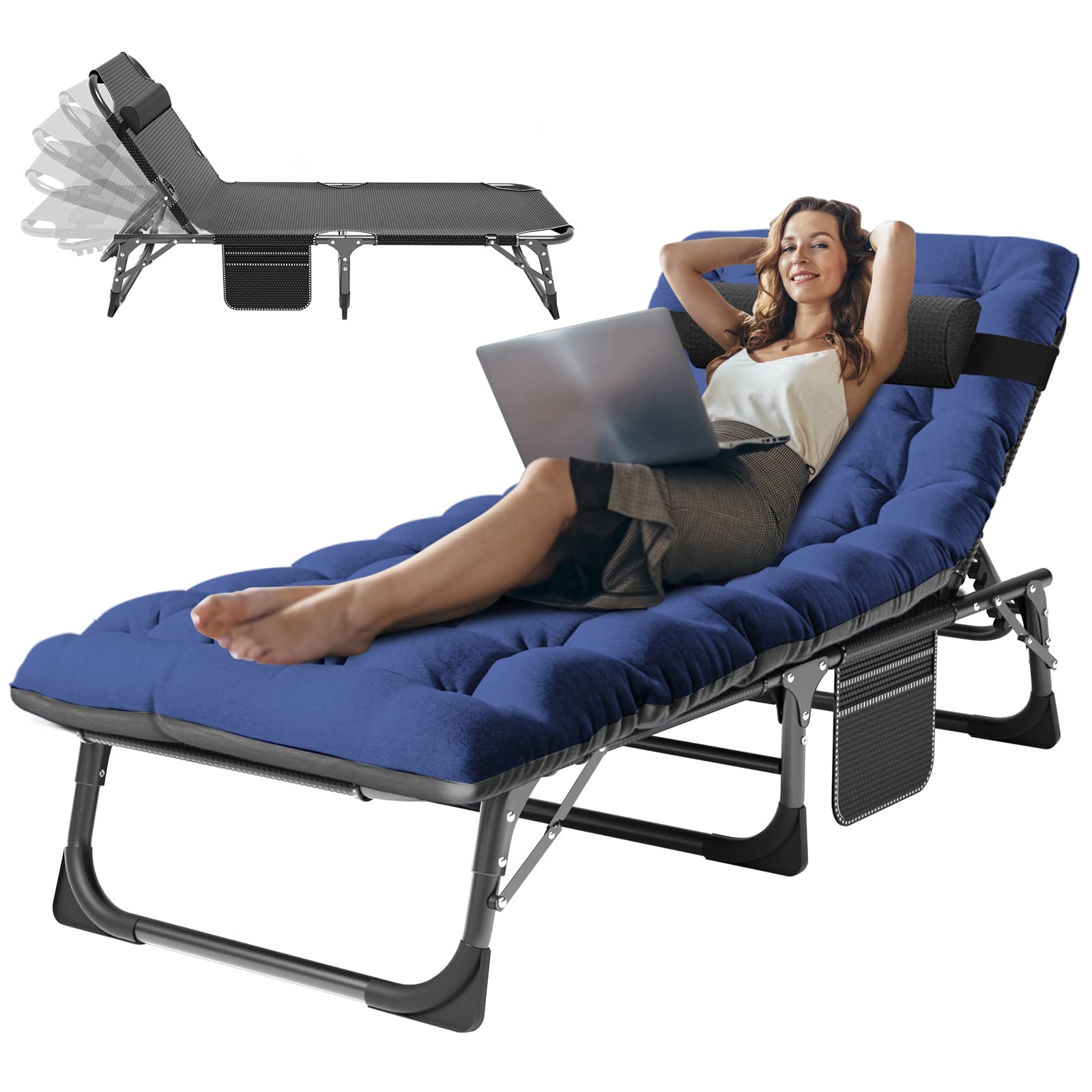 3-in-1 Padded Folding Lounge Chair, 440LB Adjustable Recliner Guest Bed for Patio Camping Office