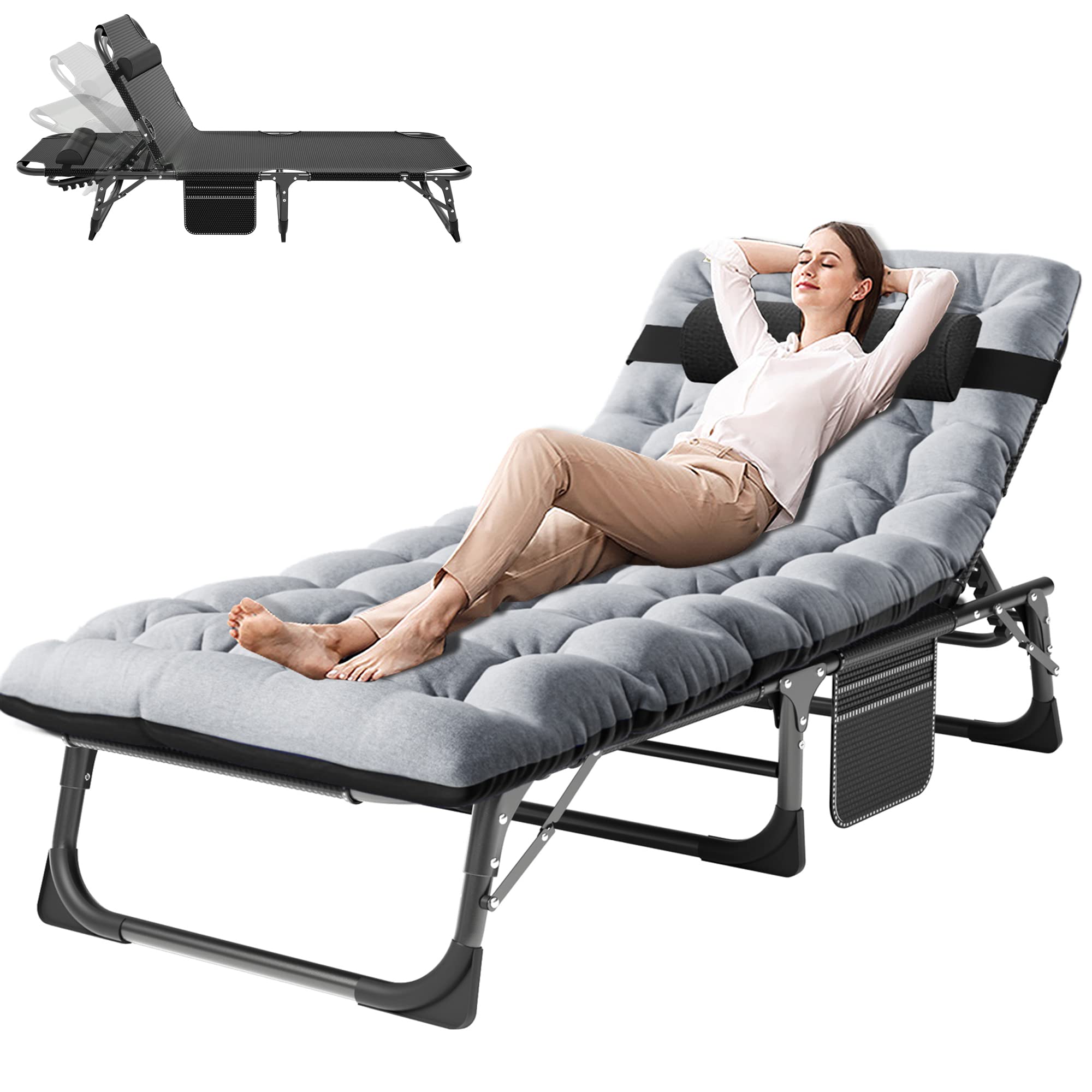 3-in-1 Padded Folding Lounge Chair, 440LB Adjustable Recliner Guest Bed for Patio Camping Office