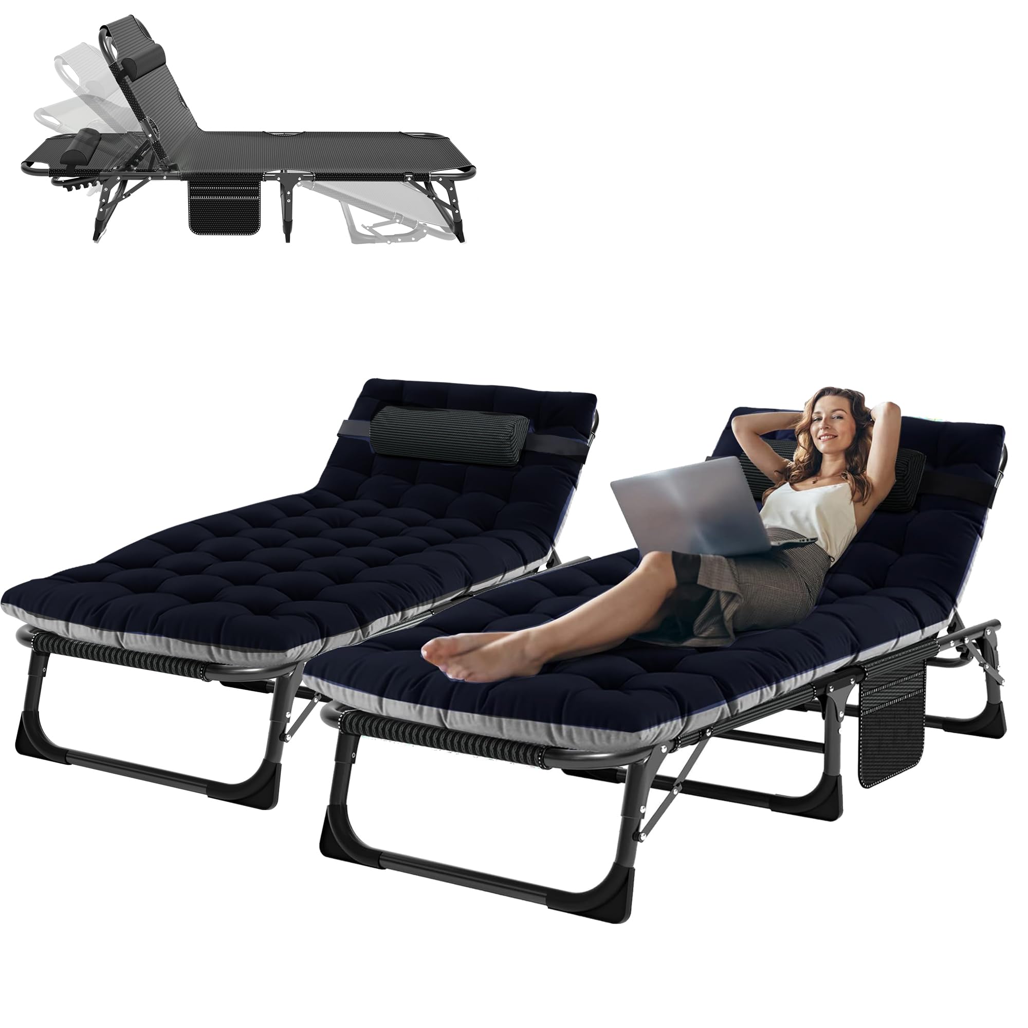 3-in-1 Padded Folding Lounge Chair, 440LB Adjustable Recliner Guest Bed for Patio Camping Office