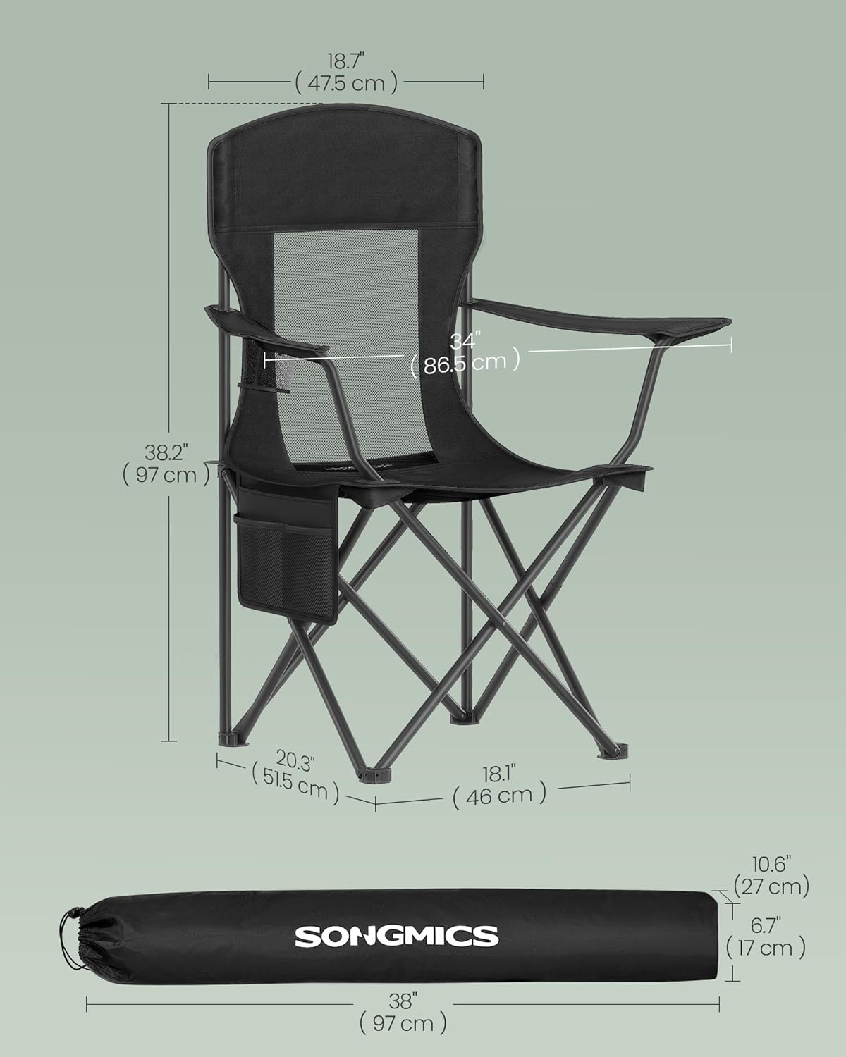 Set of 2 Black Foldable High Back Camping Chairs 330LB with Cup Holder
