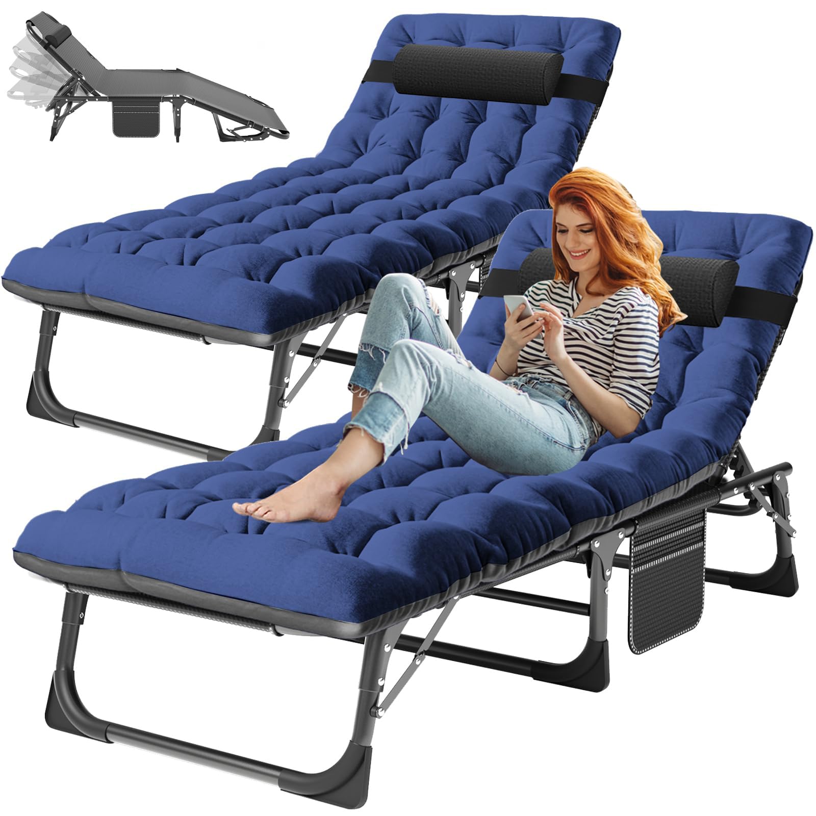 3-in-1 Padded Folding Lounge Chair, 440LB Adjustable Recliner Guest Bed for Patio Camping Office