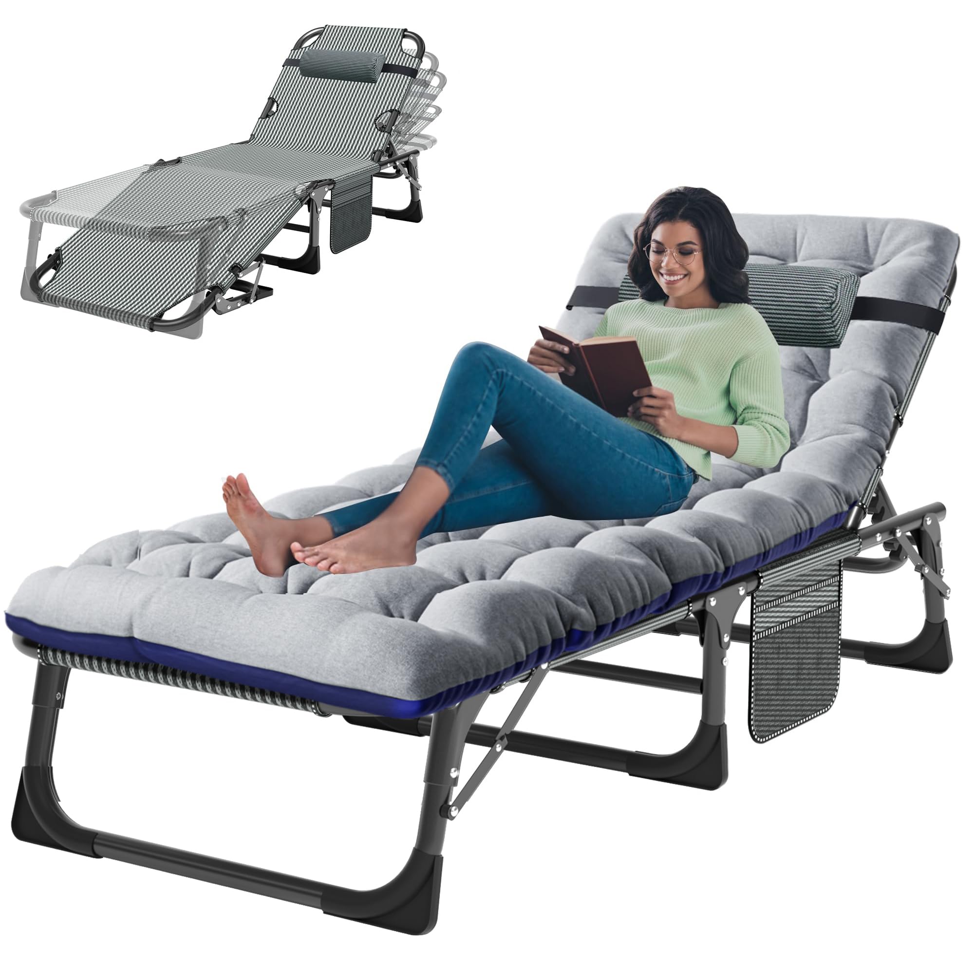 3-in-1 Padded Folding Lounge Chair, 440LB Adjustable Recliner Guest Bed for Patio Camping Office